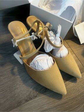 Pointed Toe Ankle-Strap Mules in Mustard